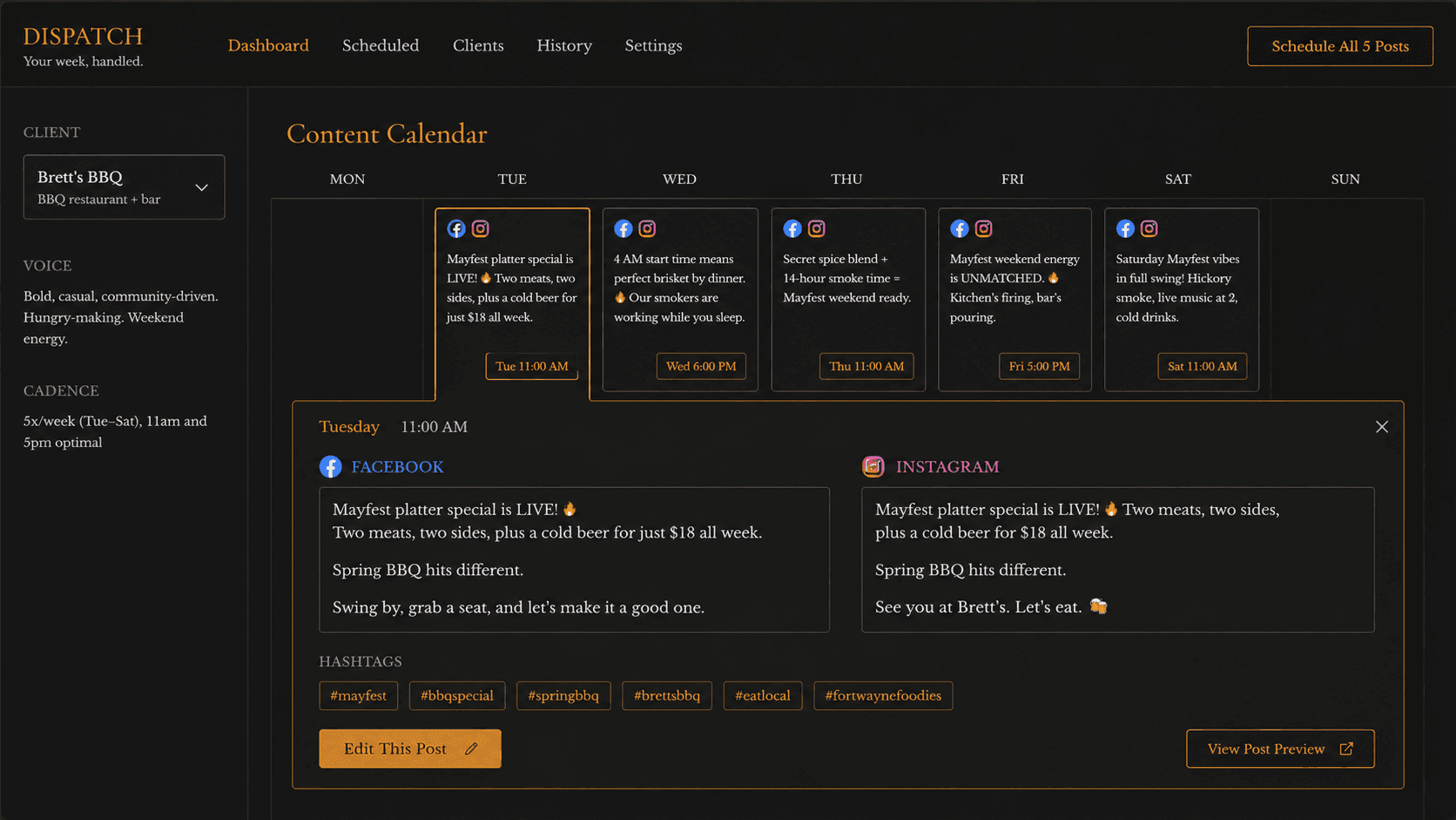 Dispatch content calendar showing a full week of approved Facebook and Instagram posts.