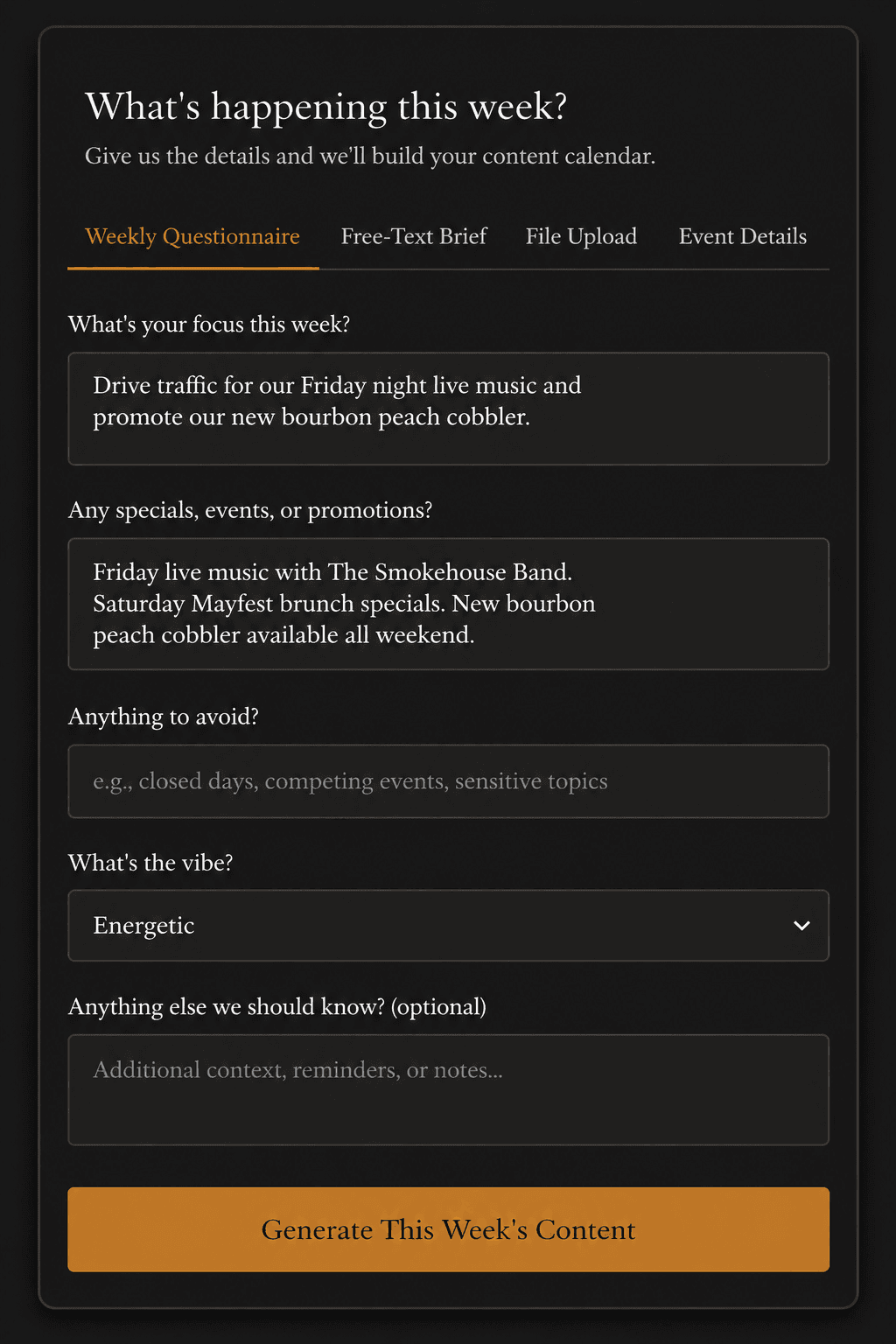 Dispatch weekly questionnaire with five short prompts about the week ahead.