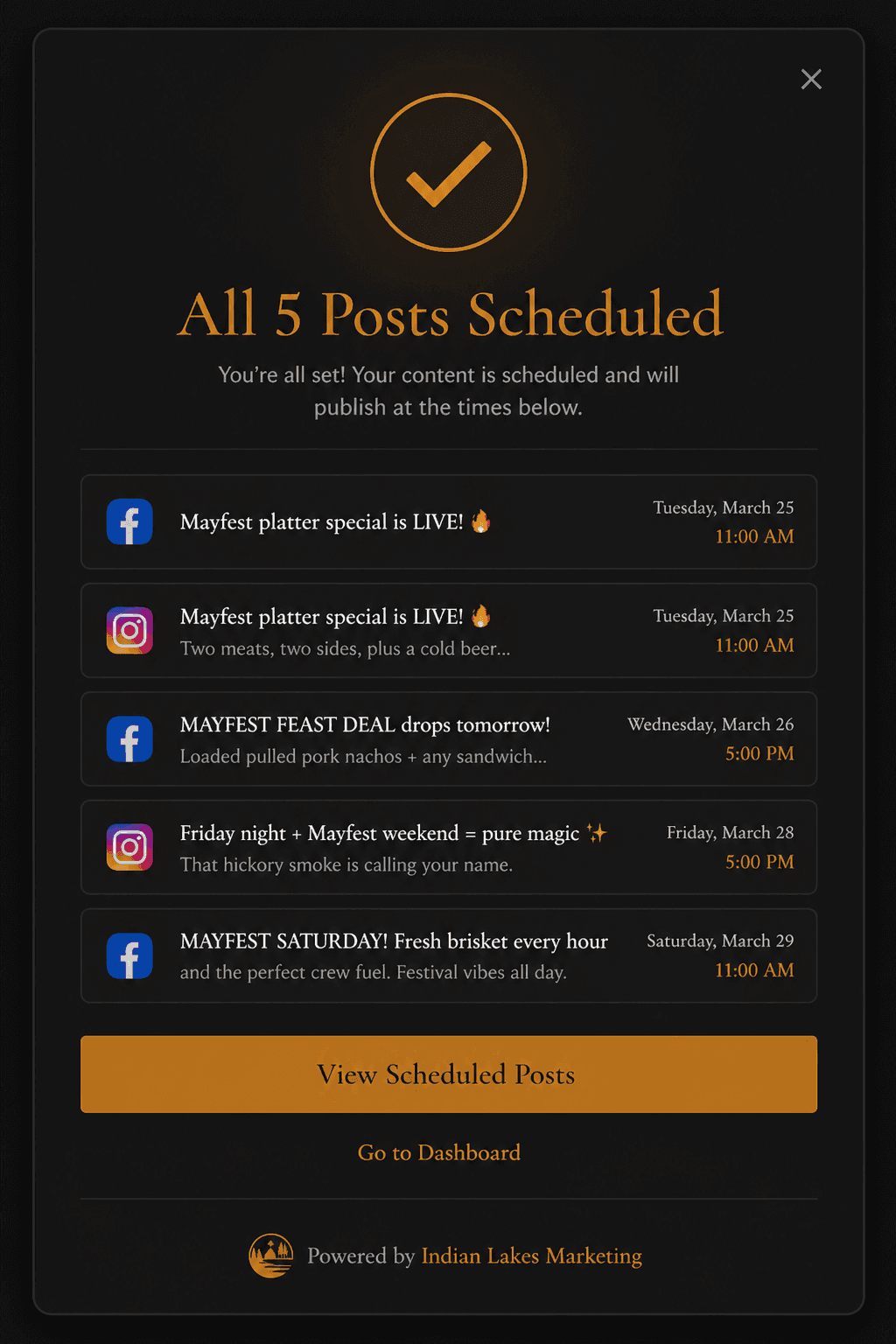 Dispatch confirmation showing all five posts scheduled across the week.